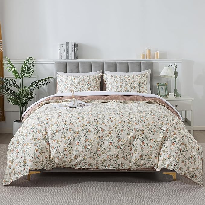 HoneiLife Botanical Duvet Cover Queen - 100% Cotton Comforter Cover Sets, Floral Duvet Cover Sets,Wildflower Bedlinen Set with Zipper Closure & Corner Ties