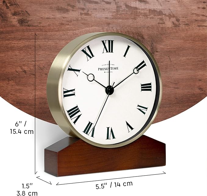 Presentime & Co Mozart Mantel Alarm Clock, Desk and Shelf Clock, Tabletop Decoration, 6 x 5.5 inch, Silent no Ticking, Wooden Base, Walnut Finish, Golden Color, Roman Numeral