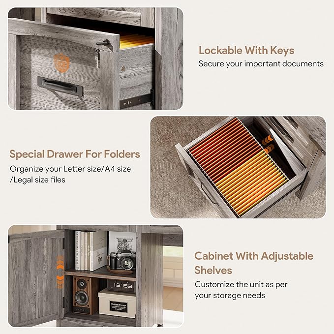 Decofy Farmhouse Executive Desk with Drawers, 55" Home Office Desks with Fast Charging Station, Lockable File Cabinet, Wood Writing Computer Desk for Work, Study, Grey