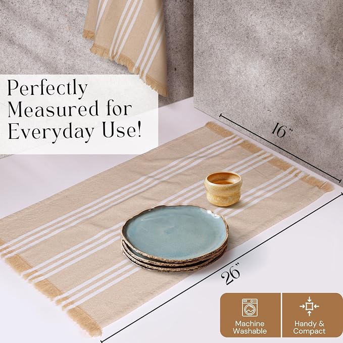 Prewashed Stripe Kitchen Towels 12 Pack, 16x26 Inches, 100% Cotton, Dish Towels for Kitchen Drying, Reusable Tea Towels, Absorbent Wash Cloths, Quick Dry and Machine Washable - Beige