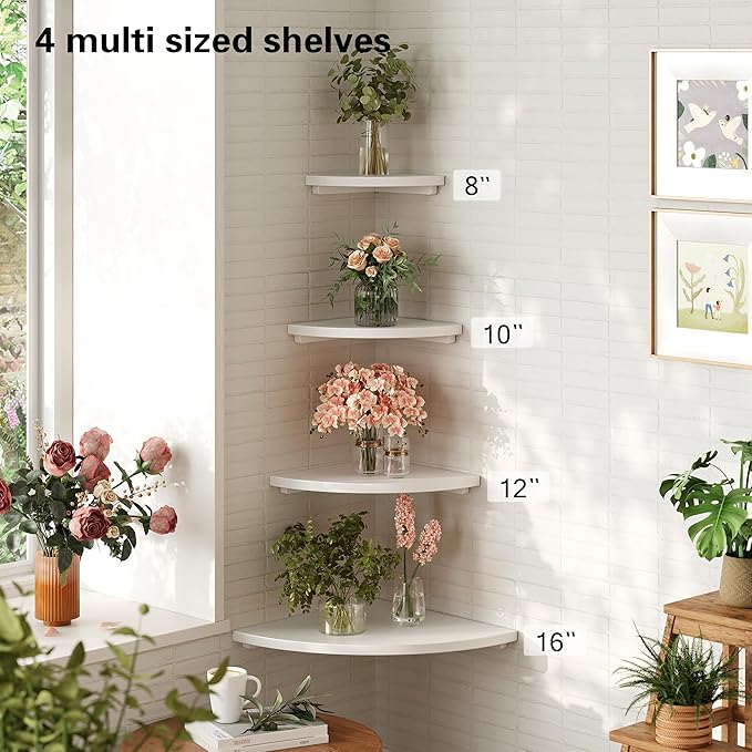 Floating Corner Shelves White 10", Solid Oak Wall Mounted Wooden Display Storage Rack with Wire Hole for Plants, Photos, Speakers, Bedroom, Kitchen, Living Room Décor - 2-Pack