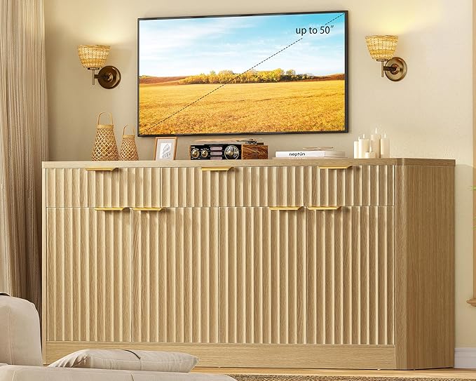 usikey 55” Large Buffet Cabinet with Storage & Drawers, Sideboard Cabinet with 2 Adjustable Shelves & 4 Doors, Coffee Bar Station, Kitchen Storage Cabinets, Natural