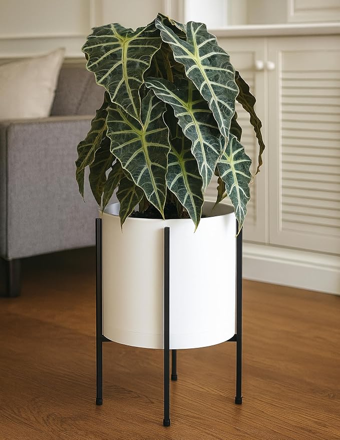 D'vine Dev 12 Inch White Planter Pot with Stand – Modern Plastic Cylinder Flower Pot with Heavy-Duty Metal Stand for Indoor Plants, 55-D-A-3