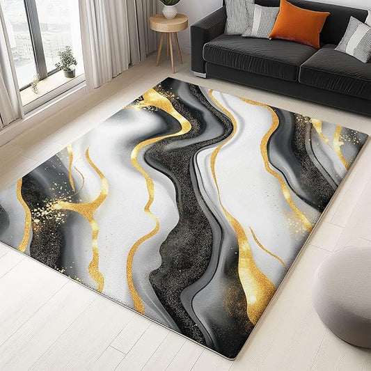 Washable Area Rugs 5 x 6 ft Non-Slip Abstract Luxury Marble Gold Texture Rug for Living Room Bedroom Black and White Low Pile Print Carpet - Stain Resistant Carpets for Dining Room Kids Nursery