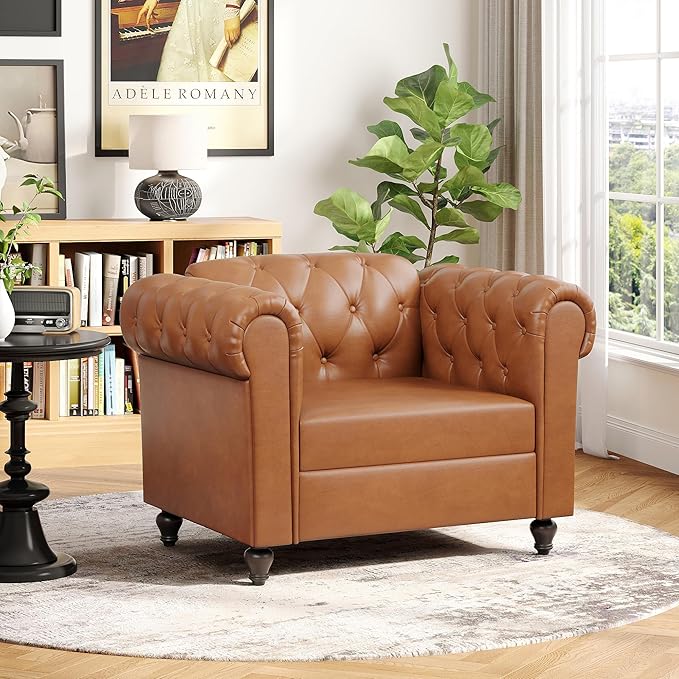 Brown Faux Leather Accent Chairs, Button-Tufted Upholstered Club Chair Retro Armchairs, Mid Century Modern Accent Chair with Solid Wood Legs, Cozy Chesterfield Couch Chairs for Living Room, Bedroom