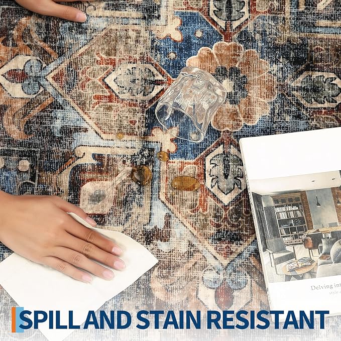 Washable 5x7 Small Area Rug Boho Vintage Medal Print Carpet Non Slip Office Rugs Low Pile Soft Bedroom Carpet Non Shedding Kids Nursery Floor Mats for Kitchen Dining Living Room Blue Brown