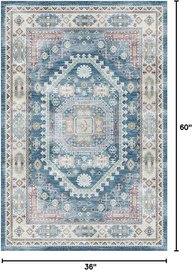 vivorug 3x5 Rug, Small Area Rug for Living Room, Bedroom, Kitchen, Machine Washable Non-Slip Throw Rug, Vintage Distressed Medallion Carpet for Entryway Nursery Dinner Room - Durable (Blue)