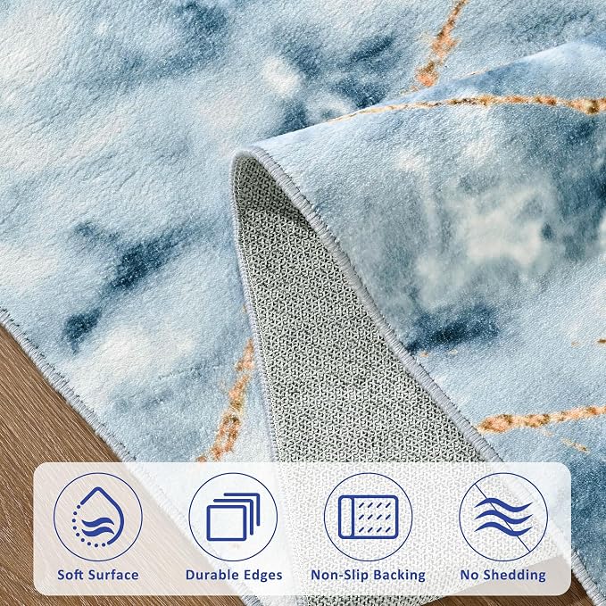 Merelax 6x9 Area Rugs for Living Room - Washable Non-Slip Abstract Blue Rug, Indoor Floor Carpet Low Pile Soft Rug for Bedroom Dining Room, Mudroom, Modern Aesthetic Decor, Blue/Gold