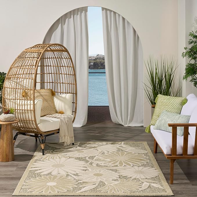 Nourison Home Aloha Ivory Sage 5'3" x 7'5" Area Rug - Easy Clean, Non Shedding, Bed Room, Living Room, Dining Room, Kitchen (5' x 8')