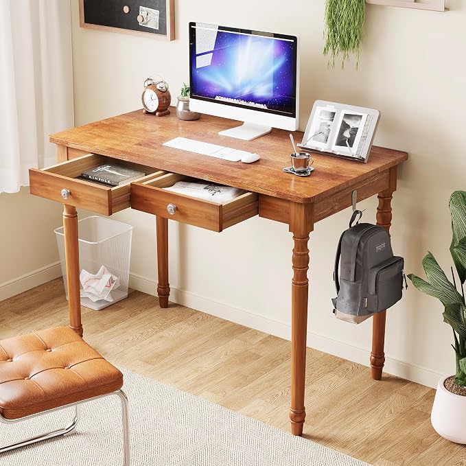 Mid Century Modern Desk, 39" Vintage Solid Wood Desk with 2 Drawers, Boho Writing Desk Computer Table for Home, Office, Bedroom, Living Room