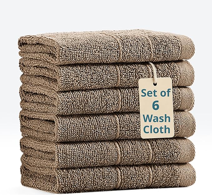LANE LINEN Washcloths 6 Pack - Spa & Salon Quality - 100% Ring Spun Mercerized Cotton Face Towels - Very Soft & Absorbent Wash Cloths for Body, Beauty, Home, Gym - Fingertip Towels - 13"x13", Taupe