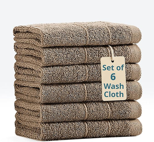 LANE LINEN Washcloths 6 Pack - Spa & Salon Quality - 100% Ring Spun Mercerized Cotton Face Towels - Very Soft & Absorbent Wash Cloths for Body, Beauty, Home, Gym - Fingertip Towels - 13"x13", Taupe