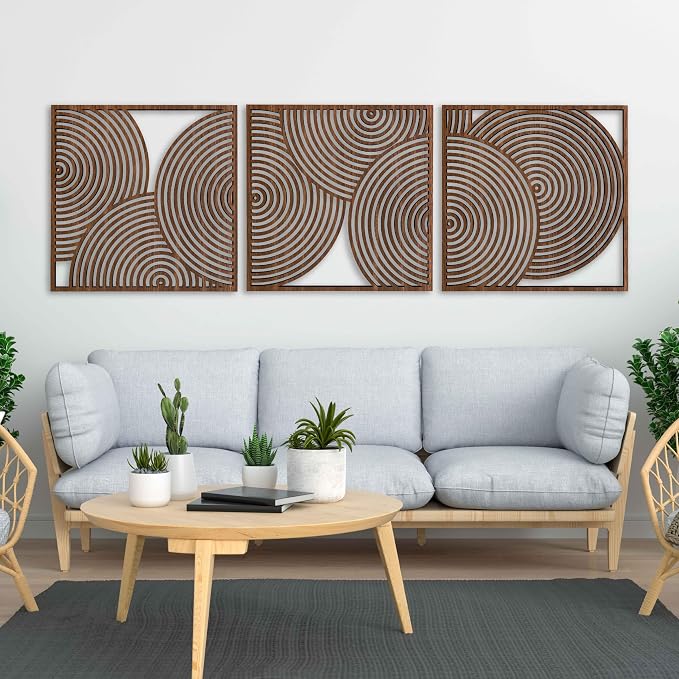Large Midcentury Modern Wood Wall Art Trio, Geometric Wood Panels with Bold Circular Cutouts, Boho Living Room Decor Above Sofa or Bed #83