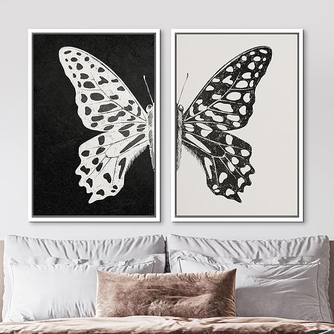MUDECOR Framed Canvas Wall Art Black and White Butterfly Prints Minimalist Modern Art Boho Wall Decor for Bedroom - 24"x36"x2 White