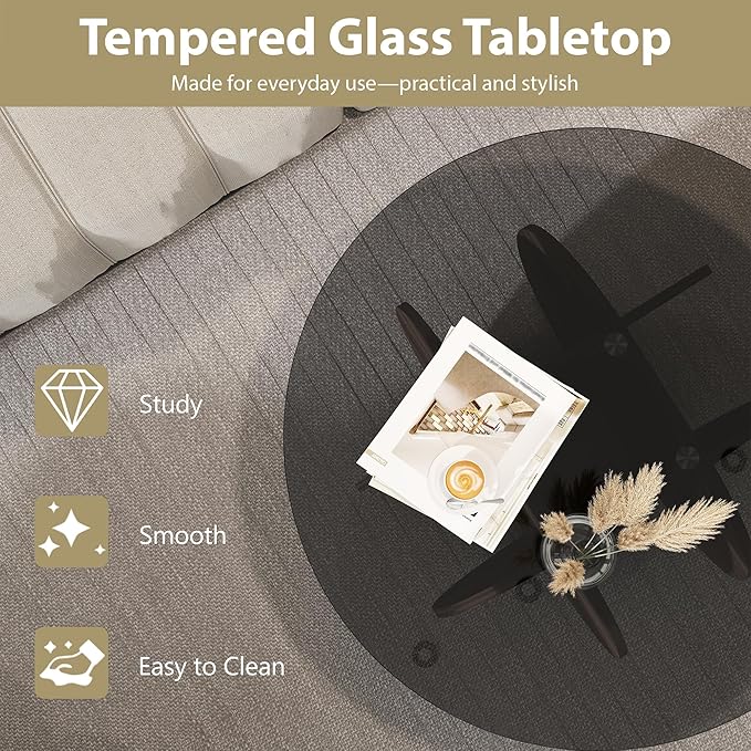 Glass Coffee Table, Round Coffee Table with Petal-Inspired Base, Modern Minimalist Coffee Table for Decoration, Gray Coffee Tables for Living Room, Study Room, Office