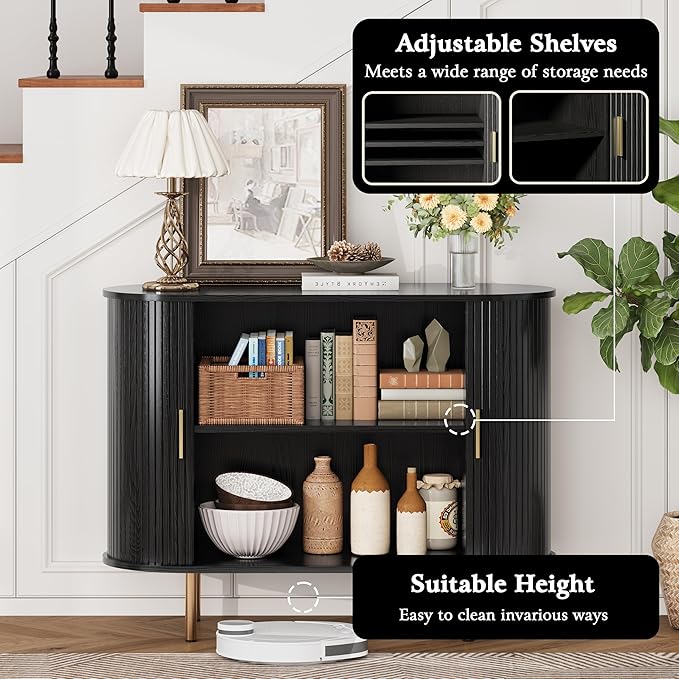 DHH Sideboard Buffet Cabinet with Storage,Mid Century Modern Fluted Accent Coffee Bar Console Table,Tambour Sliding Doors& Adjustable Shelf for Kitchen, Living Room, Entryway (Black, 40 Inch)