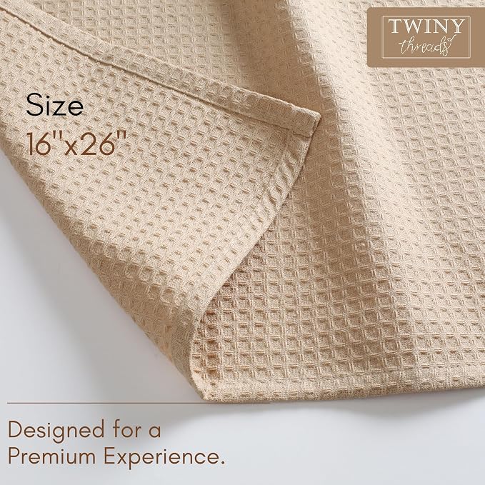 TWINY threads Kitchen Towels Set of 12, 16x26 Inches, 100% Cotton Waffle Weave Dish Towels, Soft, Absorbent Tea Towels with Hanging Loop, Washable Reusable Cloths for Cleaning, Beige