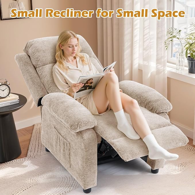 Korser Recliner Chair, Living Room Chairs for Adults, Padded Deep Seat Reading Chair with Side Pockets, Small Recliners for Small Spaces, Lounge Chair for Living Room, Bedroom, and RV (Chenille)