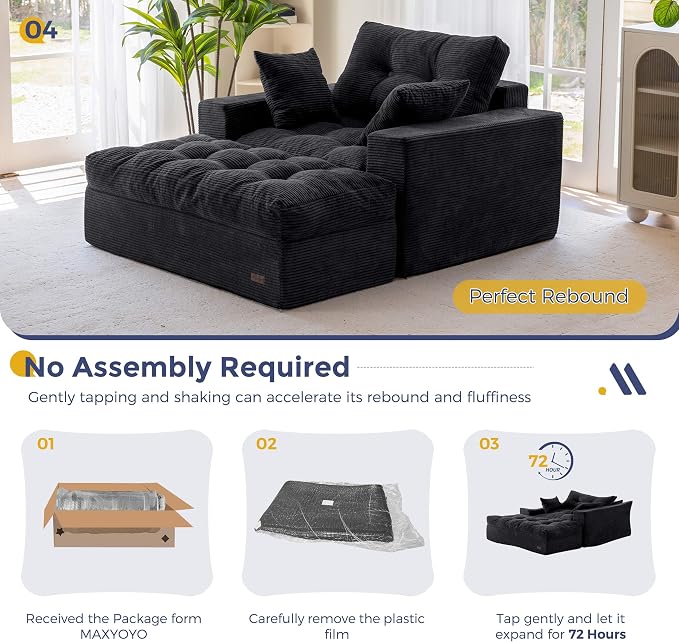 MAXYOYO Oversized Chaise Lounge Sofa, Upholstered Lounge Chair with 3 Pillows, Tufted Boneless Sofa Couch with Ottoman, Deep Seat Chair for Living Room, No Assembly, Black