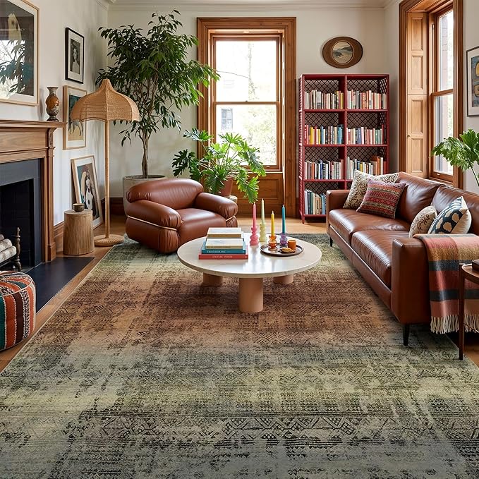 Kokia Abstract Area Rugs 9x12 Bedroom Washable Decor Low Pile Non-Slip Non-Shedding Indoor Carpet Foldable Stain Resistant Floor Mat Living Room Dining Room, Warm Brown and Dark Sage Green