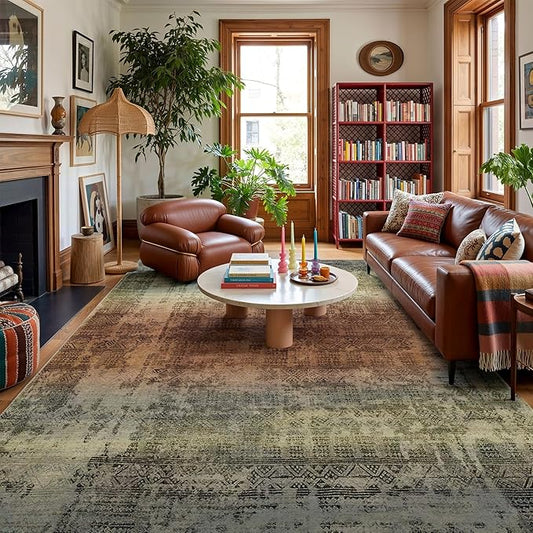 Kokia Abstract Area Rugs 9x12 Bedroom Washable Decor Low Pile Non-Slip Non-Shedding Indoor Carpet Foldable Stain Resistant Floor Mat Living Room Dining Room, Warm Brown and Dark Sage Green
