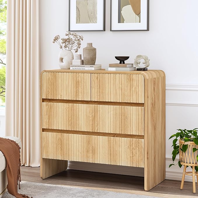 BERRYMERRY Flute 3 Drawer Dresser,31.5" Wide Dresser Nightstand for Bedroom,Mid Century Modern Wood Chest of Drawer with Curved Profile,Large Nightstand with 3 Drawer for Closet