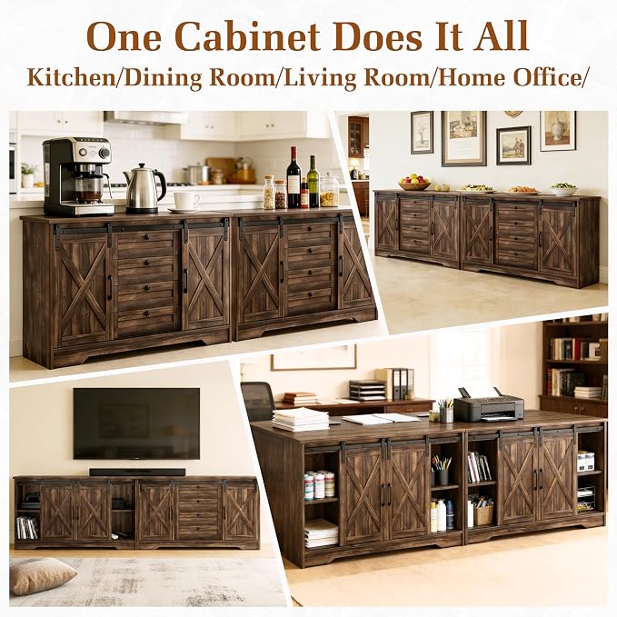 Luoxiao Farmhouse Sideboard Buffet Cabinet with Storage, 110 Inch Large Kitchen Cabinet with 4 Drawers & Sliding Barn Doors, Rustic Coffee Bar Cabinet for Dining Room, Living Room Dark Oak, 2 PCS