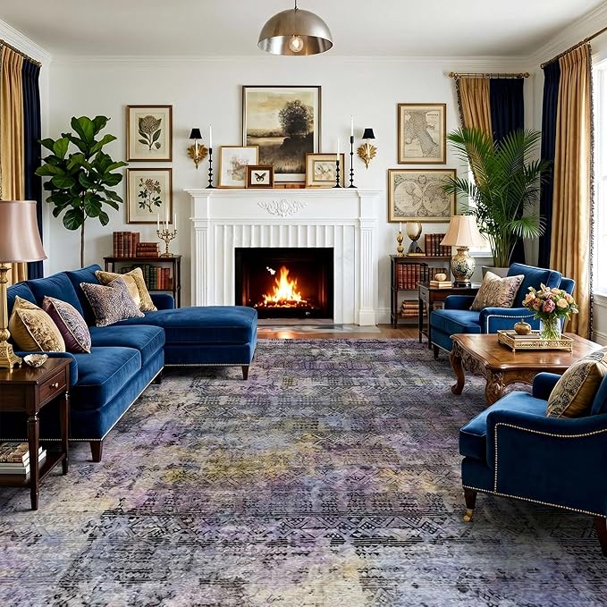 Kokia Abstract Area Rugs 9x12 Bedroom Washable Decor Low Pile Non-Slip Non-Shedding Indoor Black Purple Carpet Foldable Stain Resistant Floor Mat Living Room Dining Room, Violet and Slate Blue