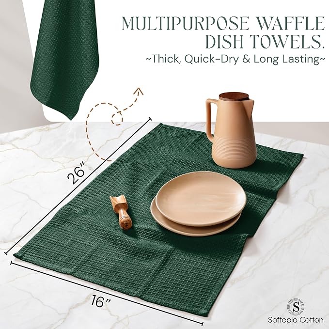 Forest Green Kitchen Towels – Waffle Weave, 100% Cotton, Soft & Absorbent, Fast Dry, Durable, 16x26 Inches, Perfect for Dish Drying, Cleaning, and Everyday Use, Set of 4, Olive Green