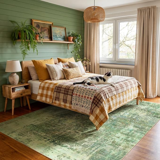 Kokia Abstract Green Area Rugs 9x12 Bedroom Washable Decor Low Pile Non-Slip Non-Shedding Indoor Carpet Foldable Stain Resistant Floor Mat Living Room Dining Room, Sage Green