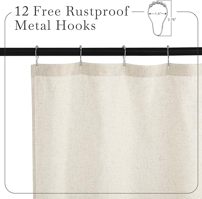 KGORGE Natural Linen Shower Curtain for Bathroom - Linen Blend Button Hole Semi Sheer Lightweight Waterproof Shower Curtains for Bathtub, 72 x 84 inches Long, Hooks Included