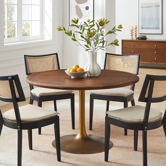 Modway Lippa 48 Inch Round Wood Dining Table with Metal Pedestal in Brass Walnut - Modern Industrial Dining Table for 4 People - Solid Wood Tulip Kitchen Table