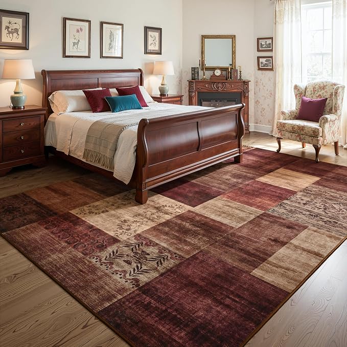 Tepook Modern Area Rug for Living Room, 6x9 Geometric Large Rugs for Bedroom, Washable Patchwork Rug Indoor Non-Slip Throw Carpets for Dining Room Office Farmhouse Home Decor, Red