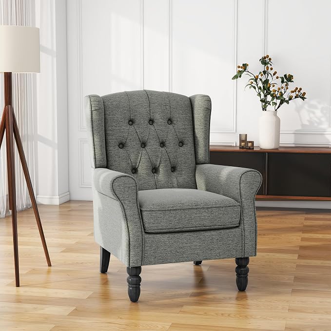High Back Accent Chair, Fabric Wingback Chair Upholstered Armchair for Living Room, Retro Comfy Single Sofa Bedroom Reading Seat with Solid Wood Legs - Gray