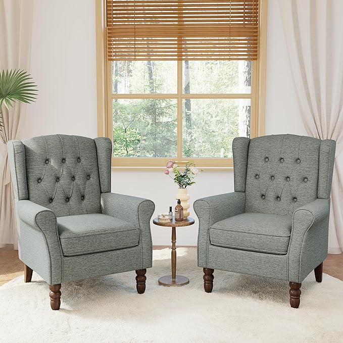 Accent Chairs Set of 2, High Back Upholstered Chair with Button Tufted, Mid-Century Modern Comfy Wingback Chair Reading Armchair in Fabric for Living Room for Bedroom, Office-Gray