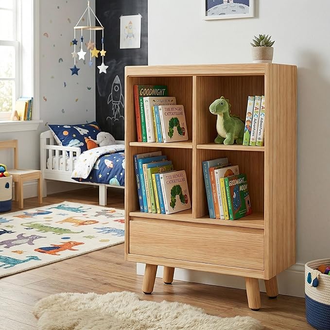 YOSHOOT 4 Cube Bookshelf with 1 Drawer - 21.7" Wood Cube Bookcase with Legs, Open Cubby Bookshelves for Bedroom, Living Room,Home Office, Nature