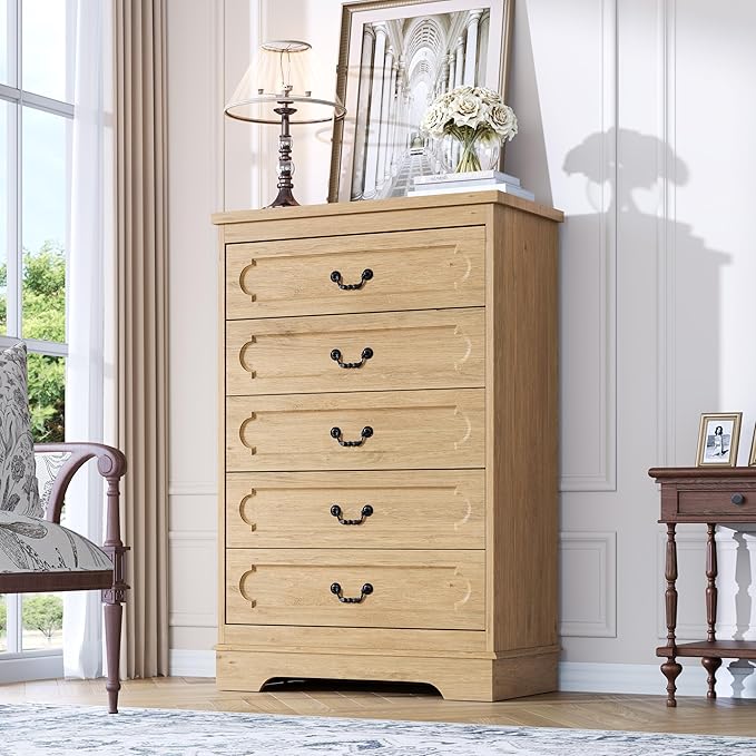 LIDYUK 5 Drawer Dresser for Bedroom Farmhouse Natural Wood Chest of Drawers for Bedroom Dresser, Rustic 46" Tall Wide Drawers Dressers Wooden Closet Storage Cabinet, Hallway, Living Room