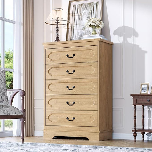 LIDYUK 5 Drawer Dresser for Bedroom Farmhouse Natural Wood Chest of Drawers for Bedroom Dresser, Rustic 46" Tall Wide Drawers Dressers Wooden Closet Storage Cabinet, Hallway, Living Room