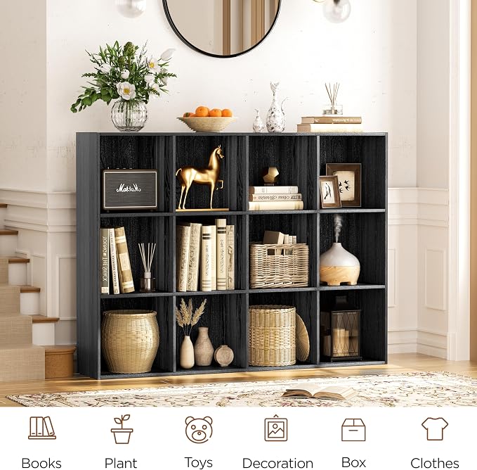 VDNEND Wooden Storage Organizer with Closed Back Panel, 11in Cube Shelf Opening, Bookshelf, Display Shelf,Closet Cabinet for Home and Office (Black, 12-Cube 35.98L*9.45W*47.72H)
