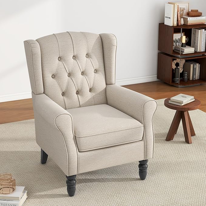 High Back Accent Chair, Fabric Upholstered Armchair Wingback Chair for Living Room, Comfy Single Sofa Bedroom Reading Seat with Solid Wood Legs - Beige