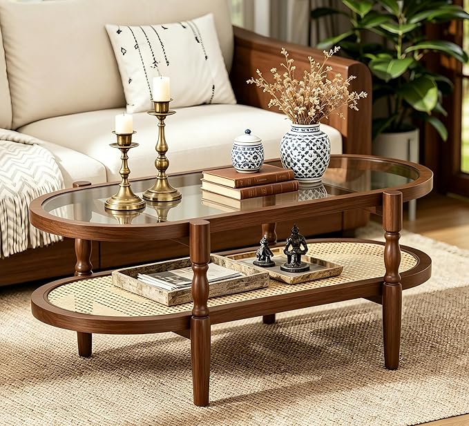 Rattan Coffee Table, Oval Cocktail Table with Glass Top and Solid Wood Frame, Boho Indoor & Outdoor Coffee Table, Walnut, 40 in