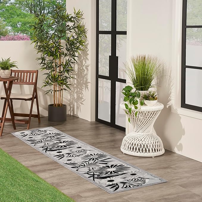 Nourison Home Aloha Black White 2' x 6' Area Rug - Easy Clean, Non Shedding, Bed Room, Living Room, Dining Room, Kitchen (6' Runner)