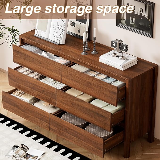 55" Mid-Century Modern Dresser for Bedroom, 6 Drawer Wide Chest of Drawers with Solid Wood Legs, Large Storage Bedroom Dresser, Walnut