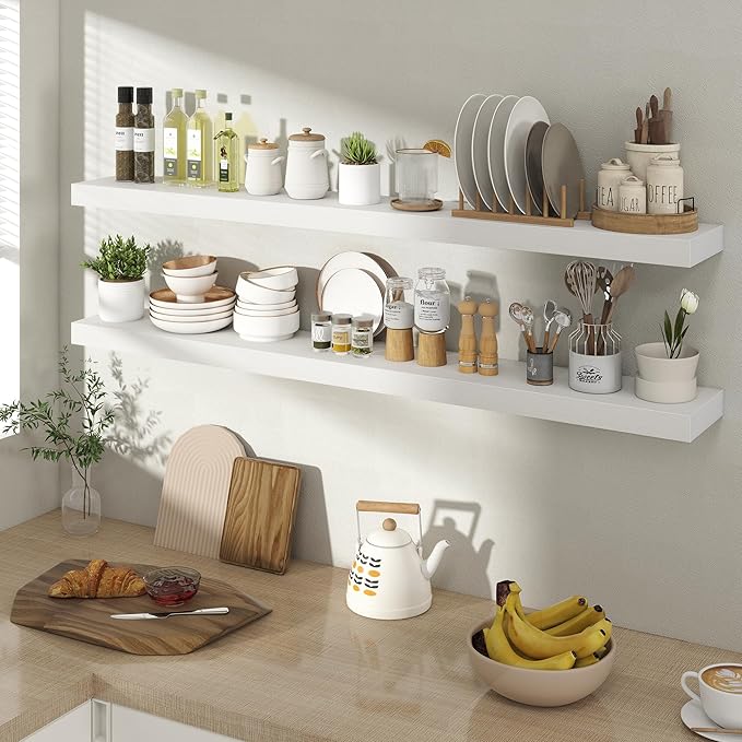 48 Inch Floating Shelves for Wall 2 Pack, 48" Wall Shelves for Books, Storage, Decor, Wall Mounted Floating Shelf with Invisible Brackets for Kitchen, Living Room, White