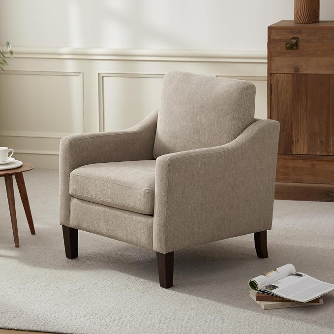 VKNOW Mid Century Modern Accent Chair, Upholstered Living Room Chairs Armchair for Bedroom, Comfy Reading Accent Chairs with Wood Legs for Living Room (1, Brown)