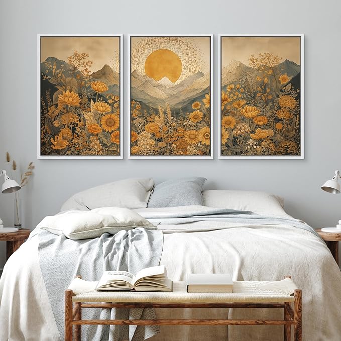 wall26 Framed Print Wall Art Set Boho Sunflower Mountain Vintage Yellow Floral and LandscapeDecorative Minimal Relax/Zen for Living Room, Bedroom, Office - 16"x24"x3 WHITE