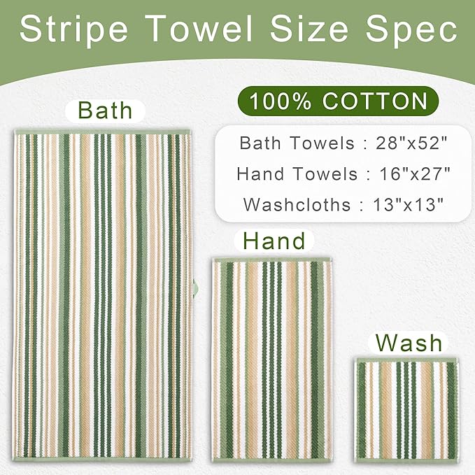 Green Striped Towels - 100% Cotton, Quick Dry, Soft & Absorbent, 6PC Luxury Towels Set (2 Bath 28"x52", 2 Hand 16"x27", 2 Wash Cloth 13"x13"), Stripe Shower Towel with Hanging Loop, Sage and Beige