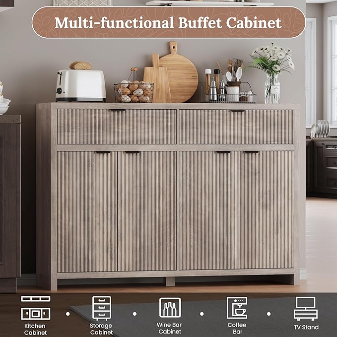 Fluted Sideboard Buffet Cabinet with Storage Drawers, 55" Large Accent Storage Cabinet with Doors and Adjustable Shelf, Modern Farmhouse Credenza for Entryway, Kitchen, Living Room - Gray