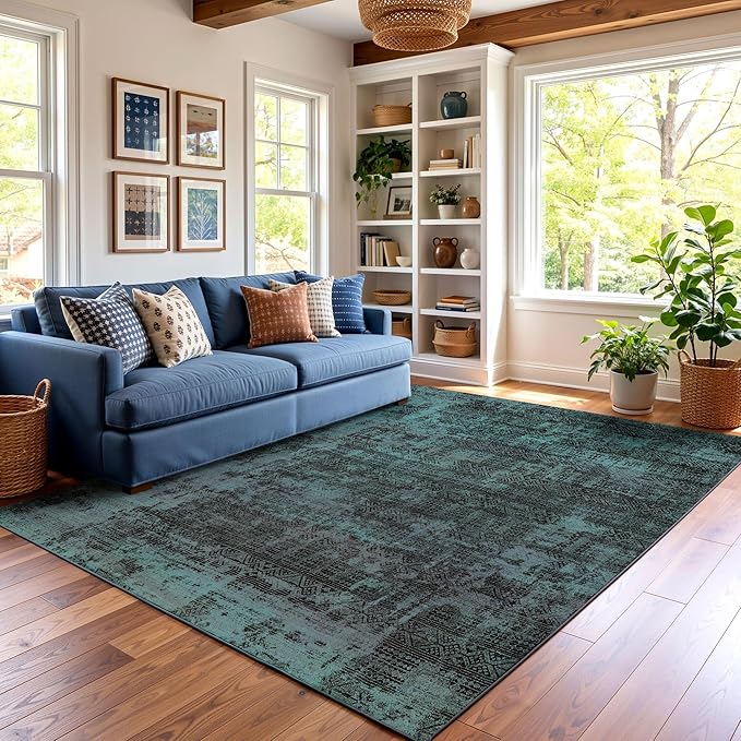 Kokia Abstract Area Rugs Washable Indoor 6x9 Rug Boho Distressed Retro Low Pile Non-Slip Non-Shedding Deep Teal Carpet Bedroom Living Room Dining Room, Ocean Teal