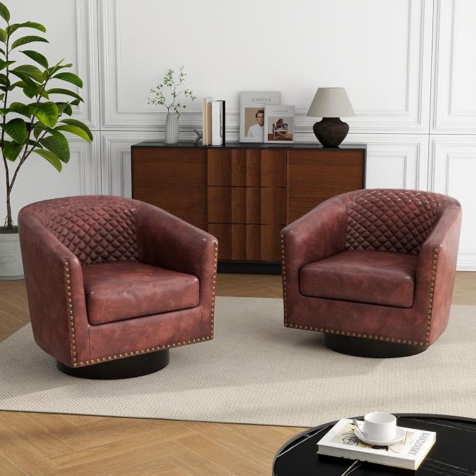 Swivel Barrel Accent Chair, Comfy Modern Upholstered Round Faux Leather Arm Chair for Living Room, Bedroom